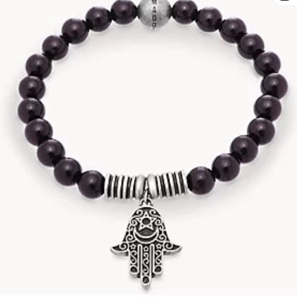 Steve Madden Black Beaded Bracelet with Silver Hamsa Charm